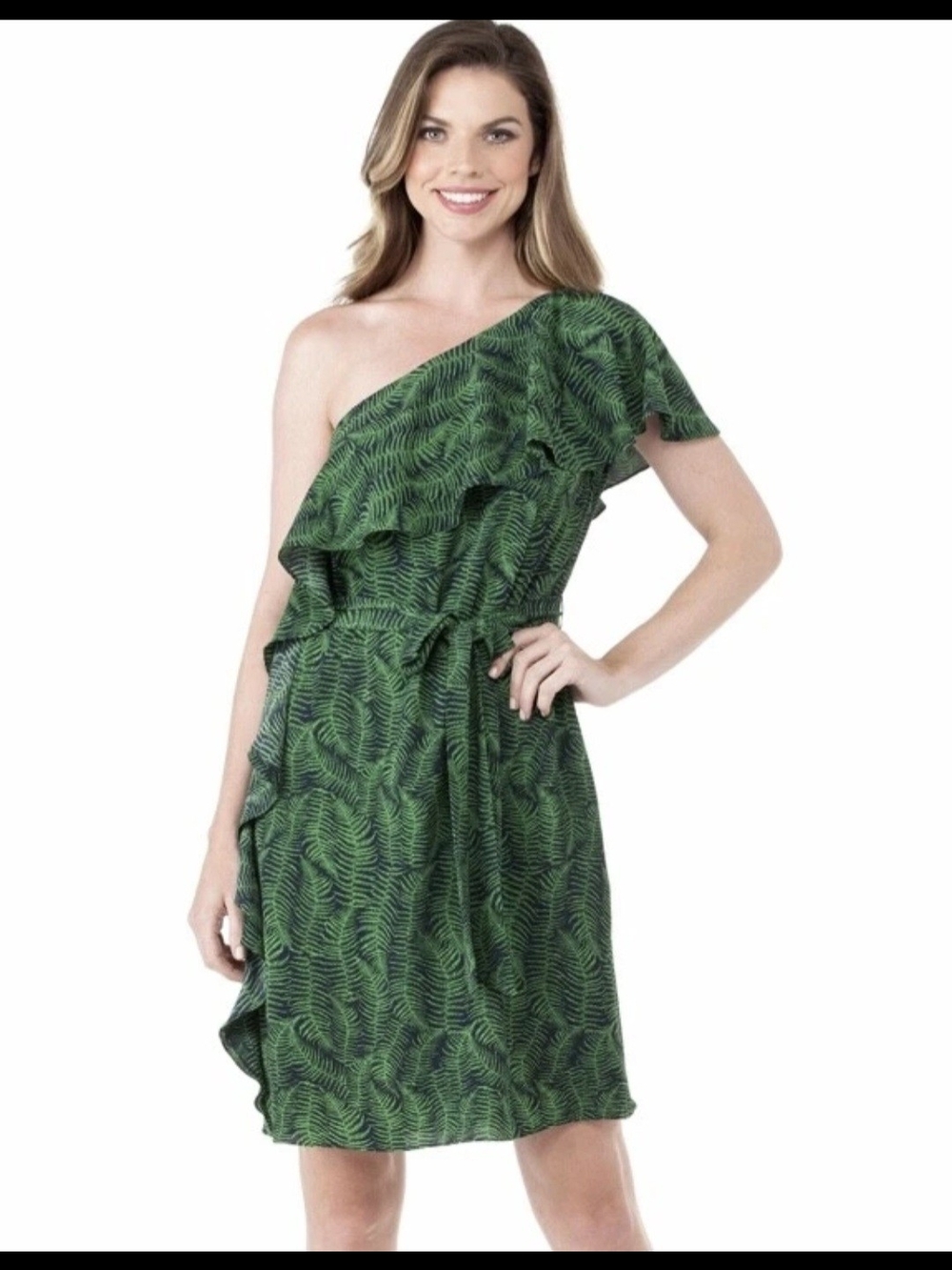 MICHAEL Michael Kors Women's Pella Fern Print Ruffle One-Shoulder Dress - Size 6